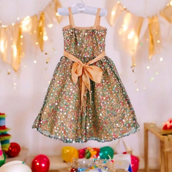 Sophia Sewing Girls Dress 2 – Gold Sequin Satin & Tulle Party Gown w/ Bow | EUC - Picture 6 of 16